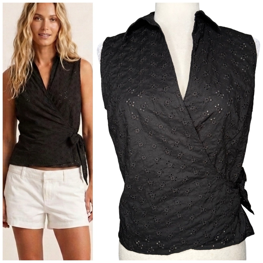 LRL RALPH LAUREN Black Eyelet Sleeveless Collared Wrap Top Small 100% Cotton